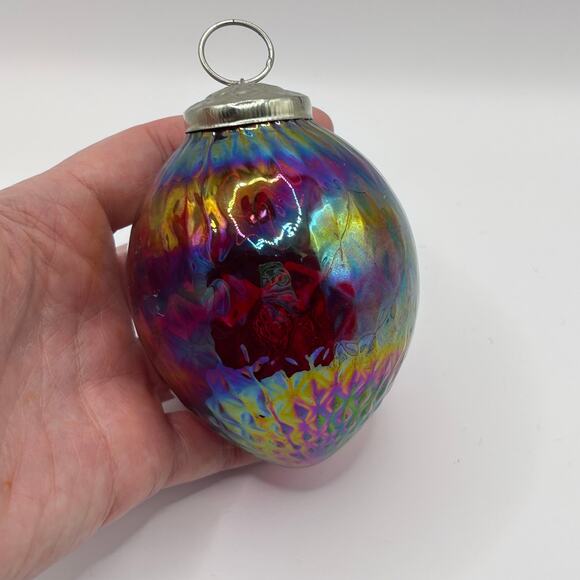 3.5 Red Glass Iridescent Teardrop Shaped Blown Glass Holiday Ornament - Picture 3 of 4